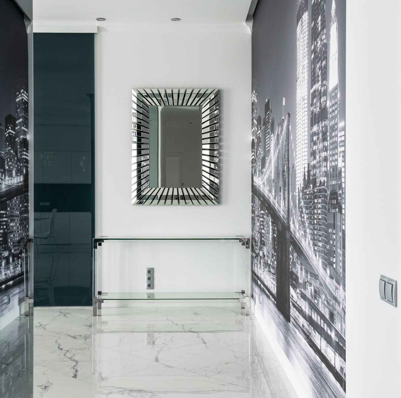 Highly polished pristine contemporary luxury residential apartment hallway